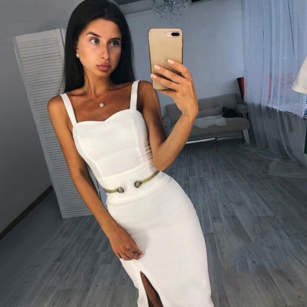 🎥 Bandage Embellished Bodycon Midi Dress in White - Picture 11 of 12